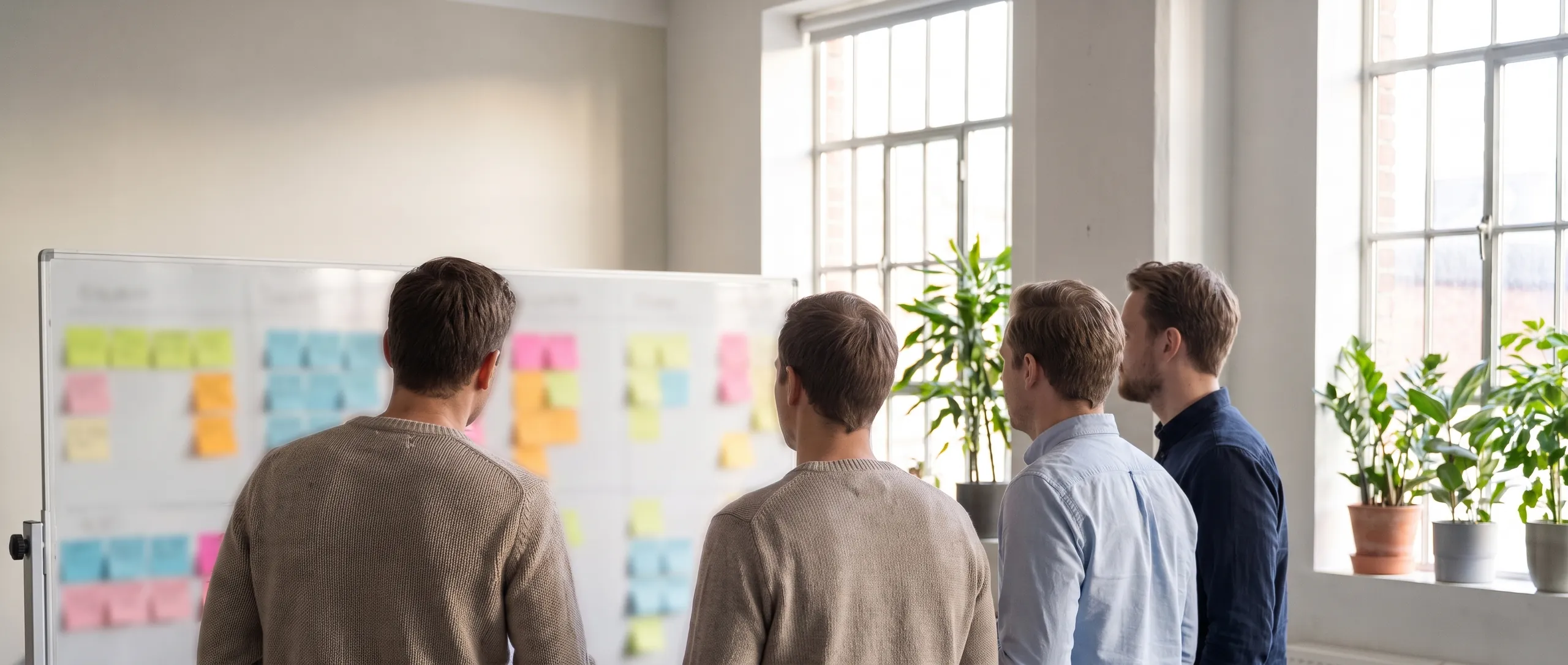 A small team around a whiteboard in a bright office