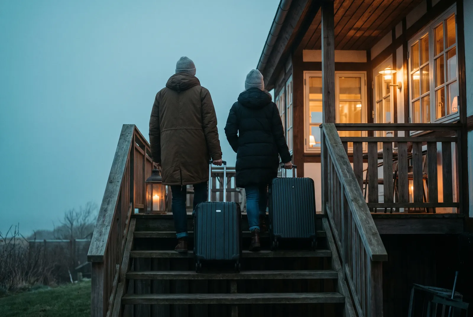 Guests with suitcases arriving at a holiday cottage at dusk
