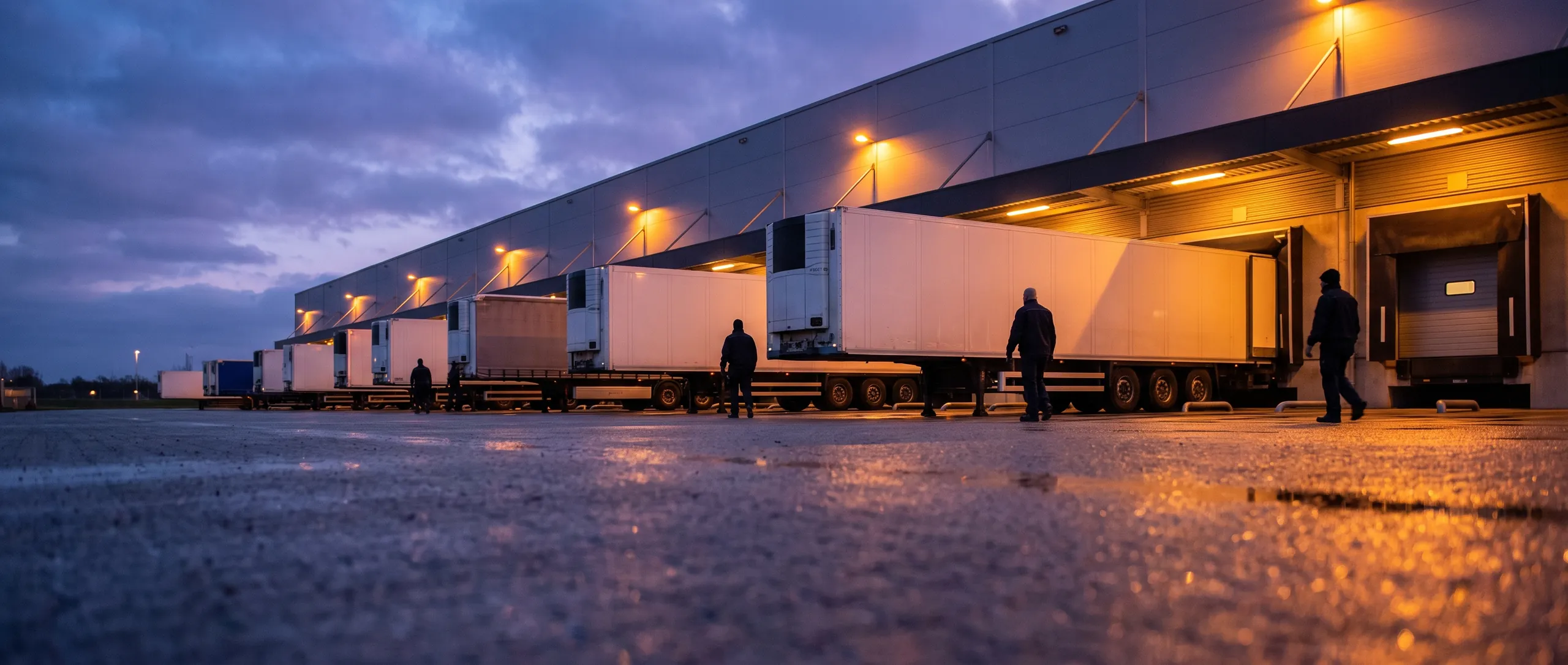 Lorries at the loading docks of a distribution centre at dusk