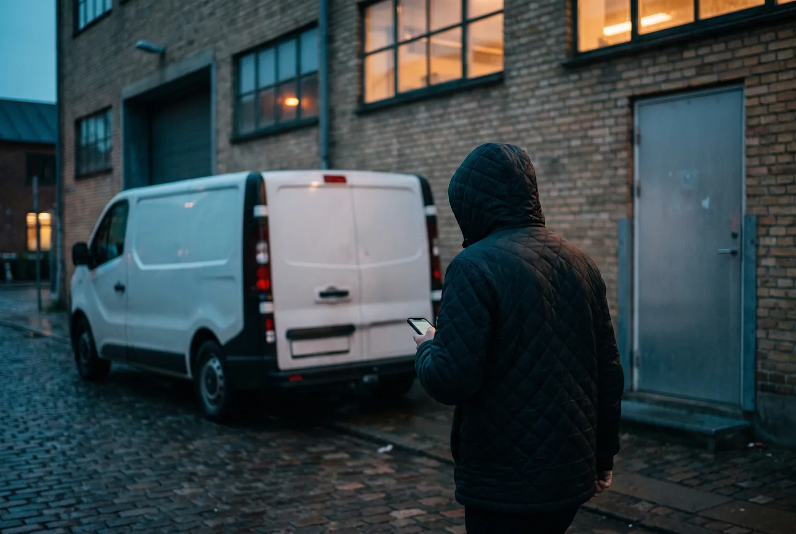 A driver with a phone beside a parked van at a rear entrance