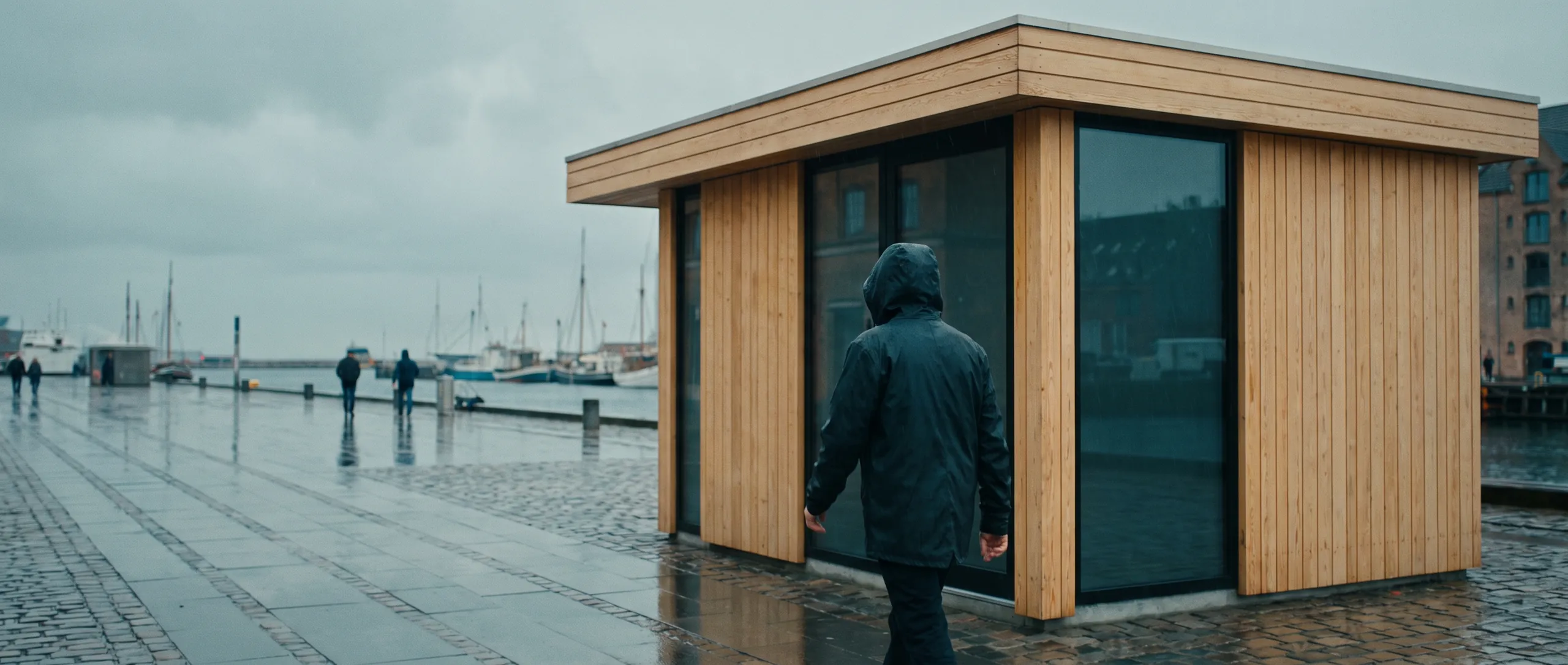 A small public toilet pavilion on a harbour promenade