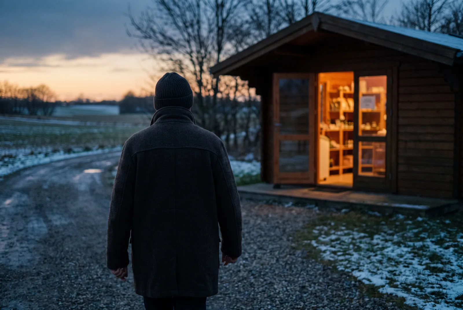 A customer walking into a self-service shop in the evening