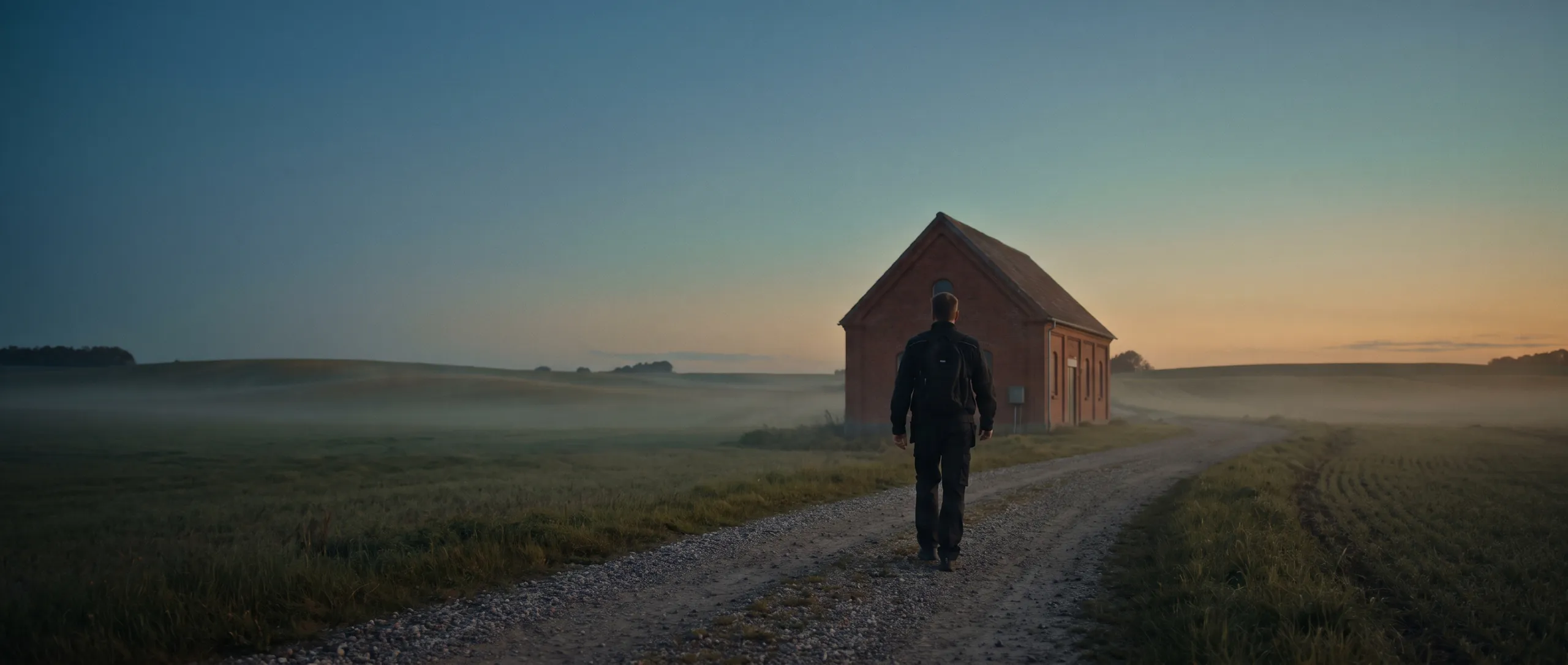 A water pumping station in farmland at blue hour