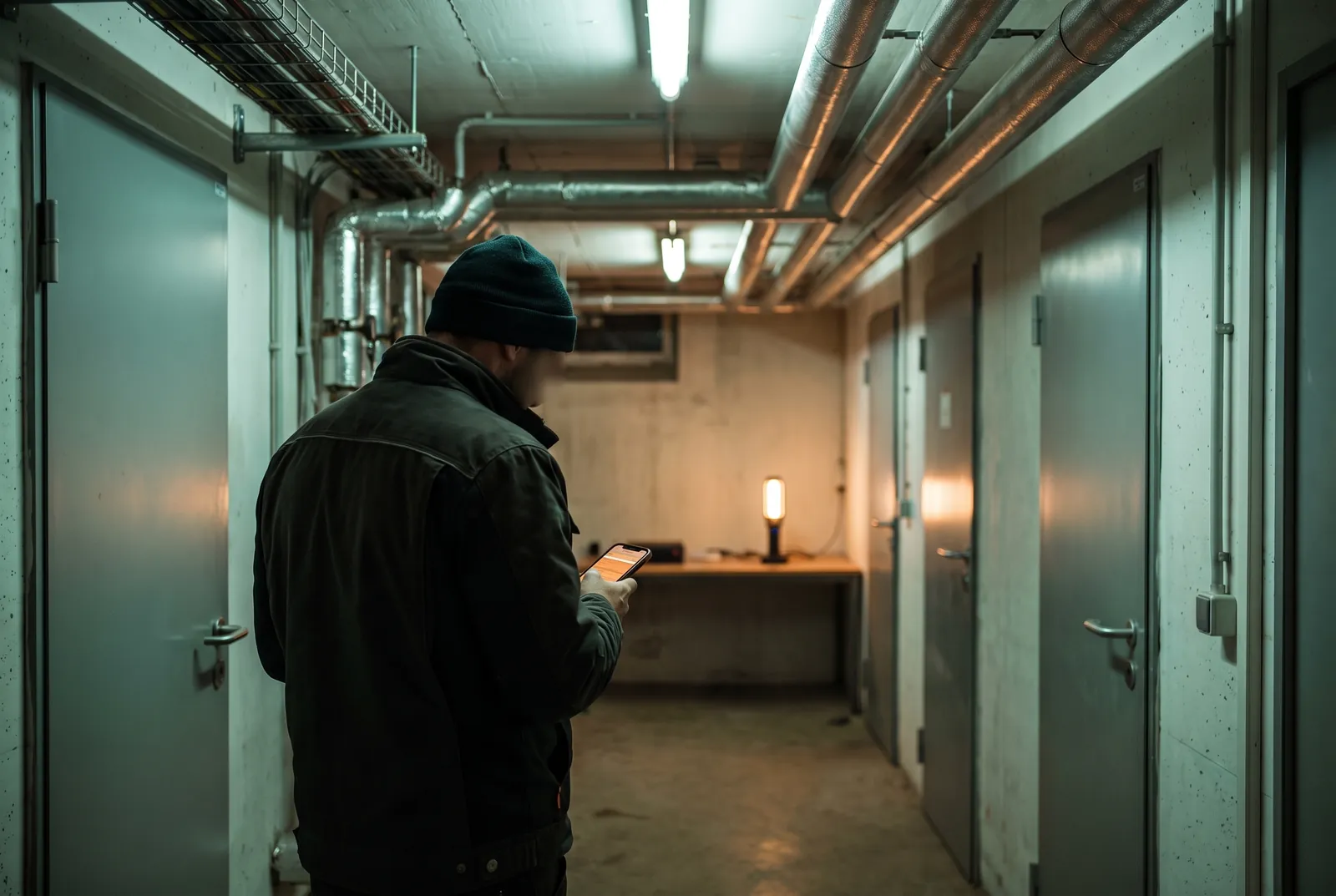 A technician in a basement technical-room corridor