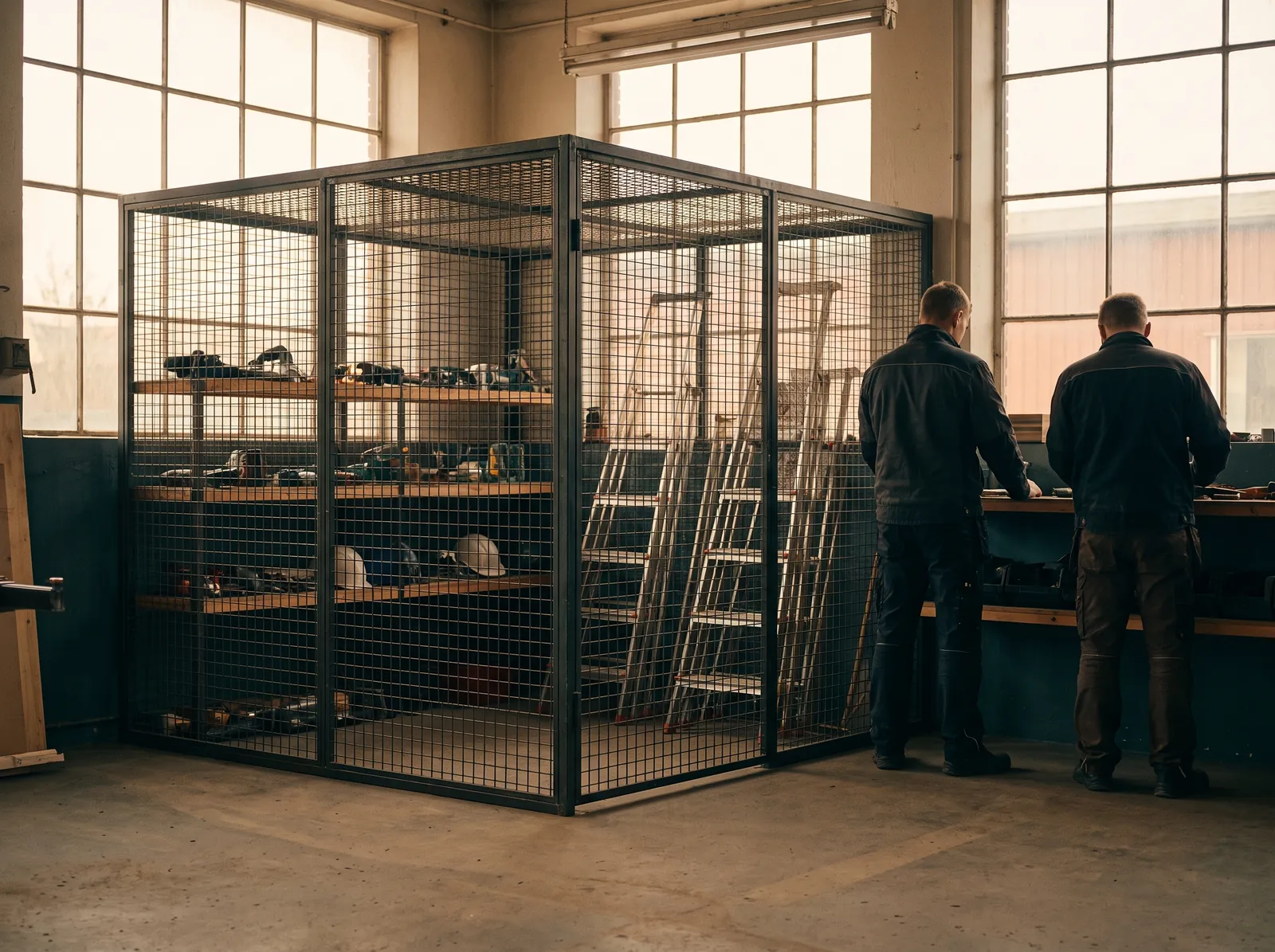 An equipment cage in a workshop