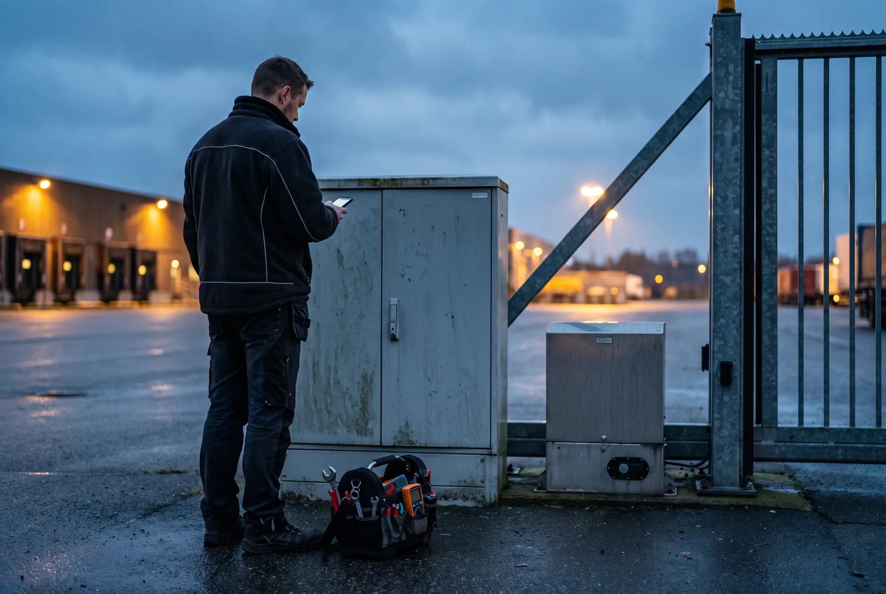 An installer at the gate controller cabinet, checking the opening on a phone