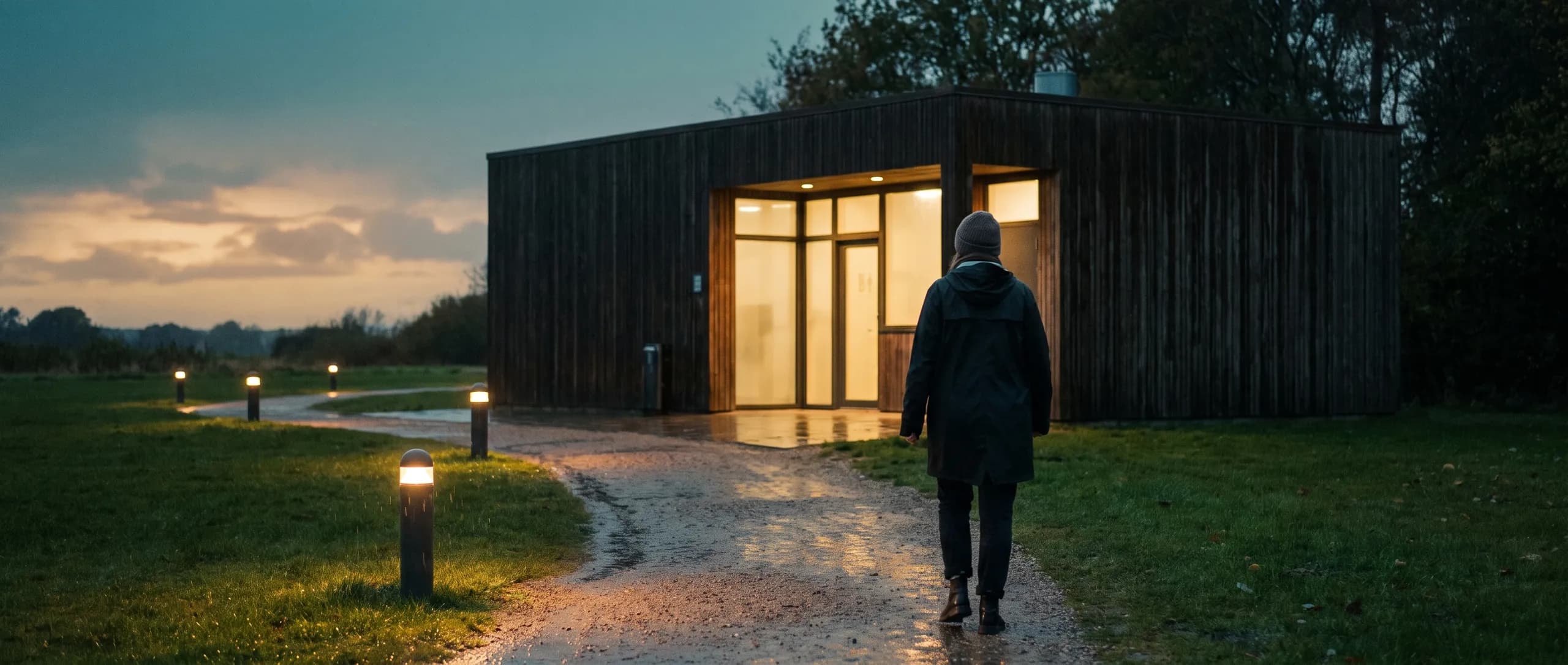 A small public restroom building in a park at evening